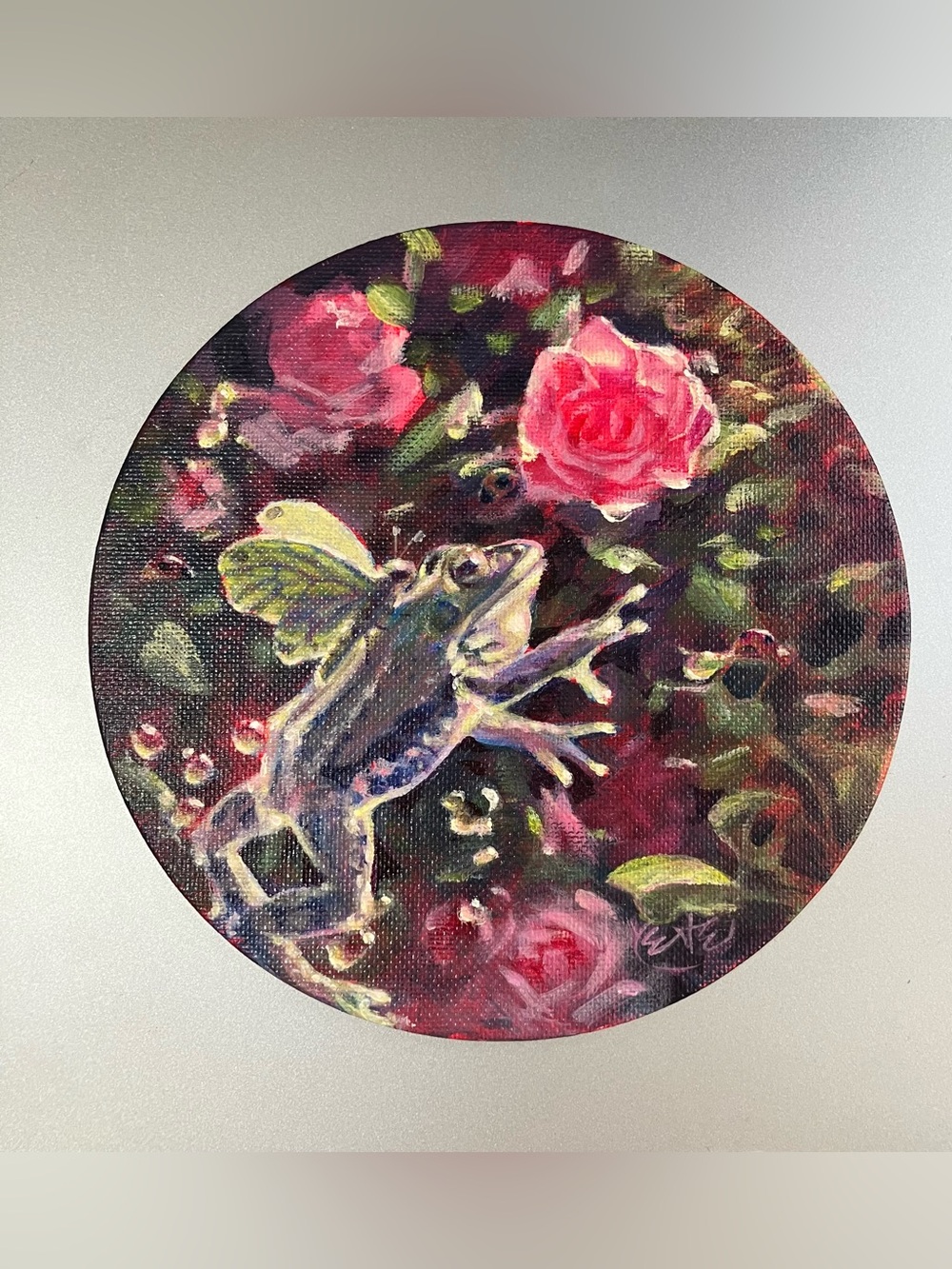 Original flying frog painting rose floral garden art jumping frogs butterfly USA